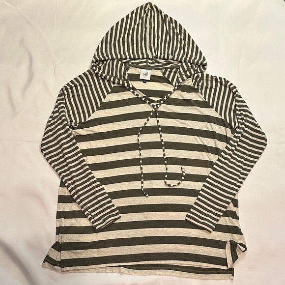CAbi Playoff Hoodie Olive White Striped Oversized Lightweight Knit Top Size S - Picture 2 of 6